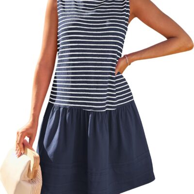 MEROKEETY Women's Summer Sleeveless Sundress Casual Striped Patchwork Mini Tank Dress with Pockets