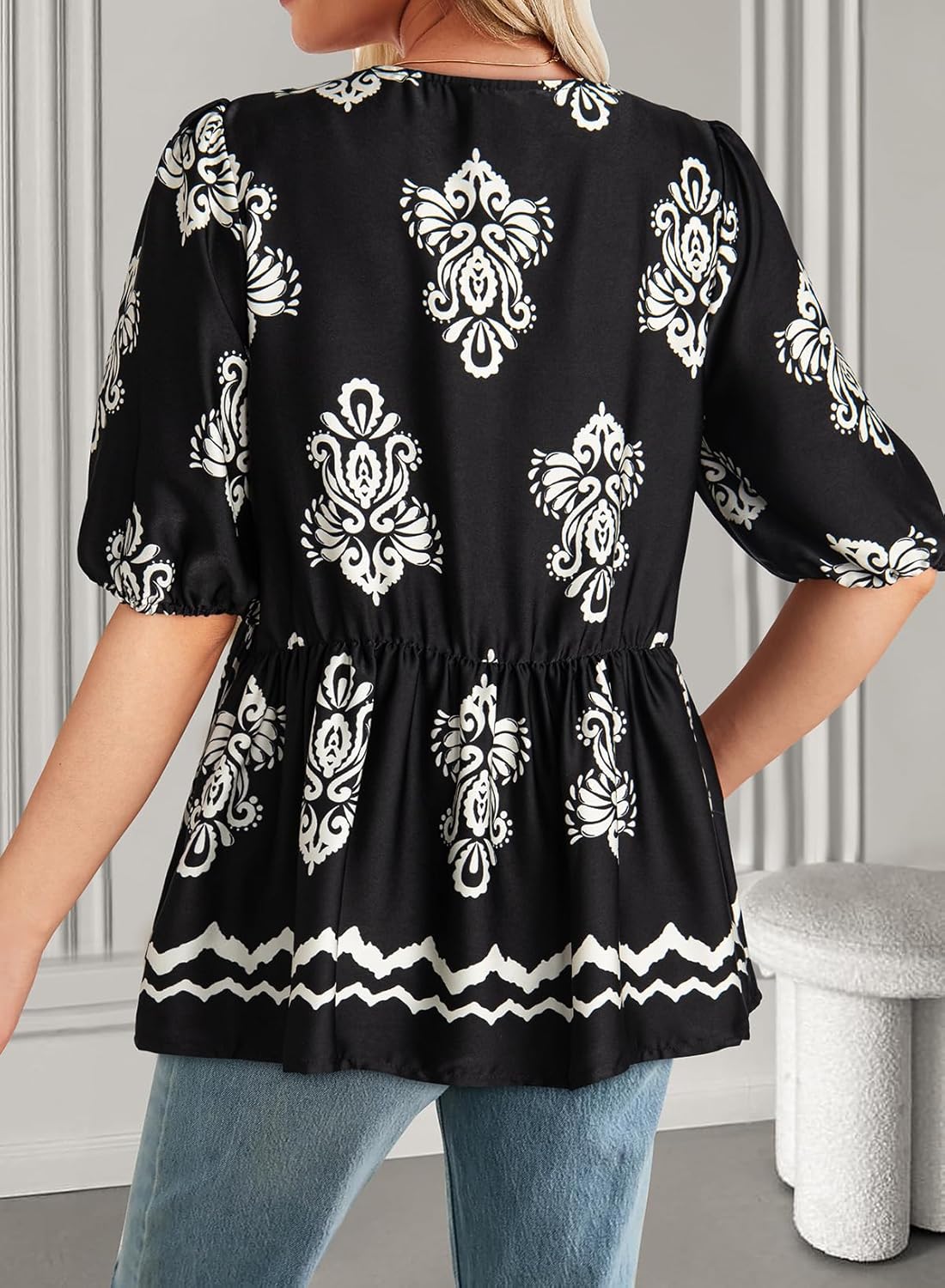 Dokotoo Womens Tops Casual Crewneck Babydoll Peplum Puff Sleeve Shirts Bow Tie Front Boho Summer Blouses - Image 2