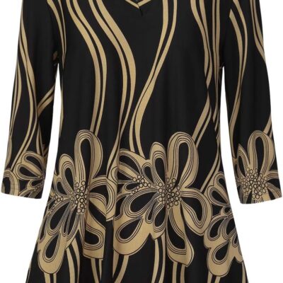 BAISHENGGT Womens 3/4 Sleeve Floral Printed Notch V Neck Blouses Tunics Tops