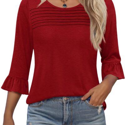Blingfit 3/4 Length Sleeve Womens Tops Dressy Casual Shirts Ruffle Bell Sleeve Front Pleated Fasion Trendy Summer Blouses