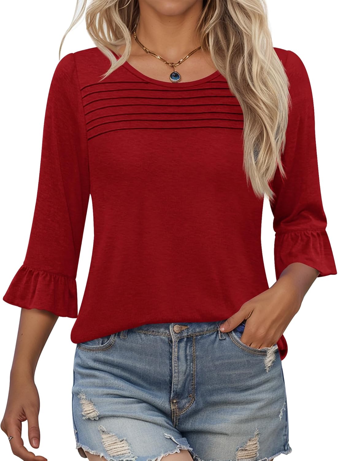 Blingfit 3/4 Length Sleeve Womens Tops Dressy Casual Shirts Ruffle Bell Sleeve Front Pleated Fasion Trendy Summer Blouses