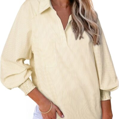 Astylish Women 2025 Fine Striped Smocked Cuffed Henley Shirts Long Sleeve Collared Blouse Tops with Pocket