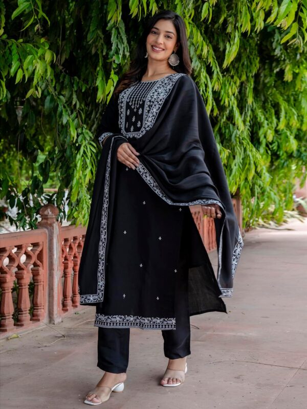 VredeVogel Women's Kurta Pant Set with Dupatta | Embroidered Viscose Roman Silk Kurta Set for Women - Image 7