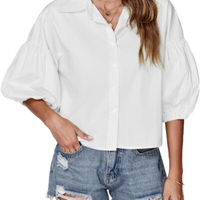 LYANER Women's Collar V Neck Button Down Lantern Short Sleeve Blouse Crop Top Shirt