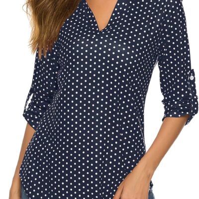 Halife Women's Roll Up 3/4 Sleeve Floral Print V Neck Tunic Blouses Tops Shirts