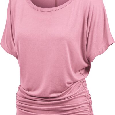 Made By Johnny Women's Casual Solid Short Sleeve Boat Neck/V Neck Dolman Top T Shirt with Side Shirring