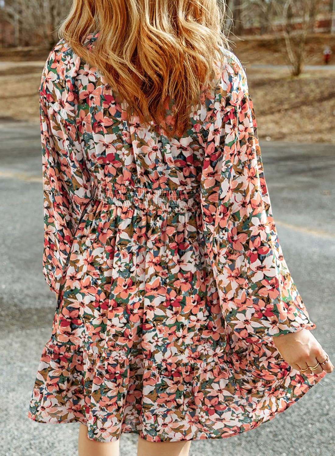 Dokotoo Womens Dresses 2025 Boho Floral V Neck Long Sleeve Smocked Elastic Waist Casual A-Line Swing Mini Dress Sundress - Image 2