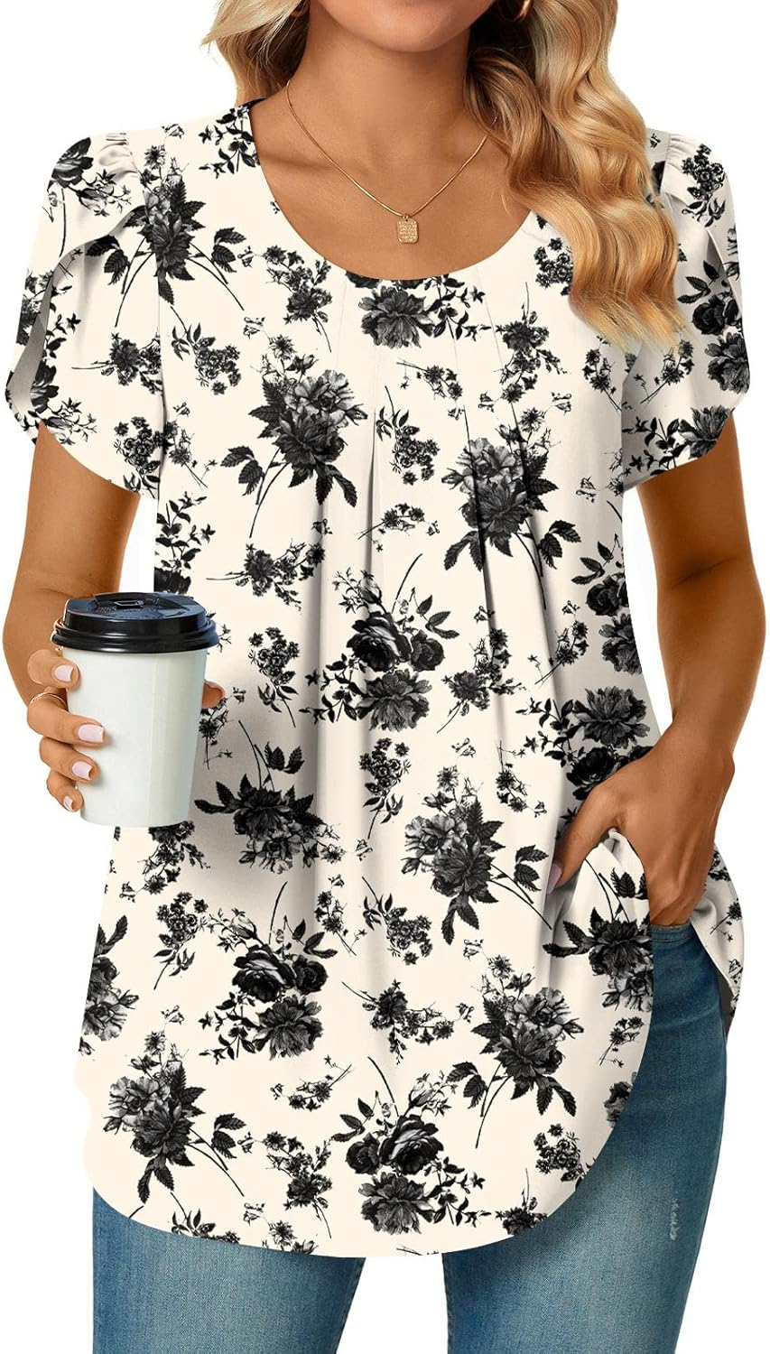 Bestbee Womens Plus Size Tops Dressy Casual Summer Chiffon Blouses Crew Neck Short Sleeve Shirts Business Pleated Tunics