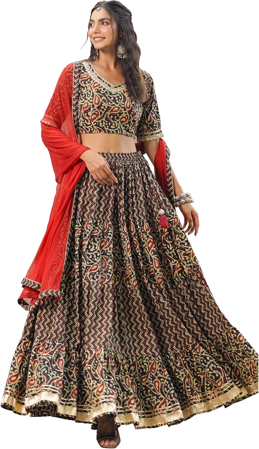 Janasya Indian Women's Black Pure Cotton Printed Flared Festive Wedding Lehenga Choli with Ready to wear Stitched Blouse