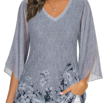 BEPEI Women's Tops 3/4 Sleeve Dressy Casual Blouses V Neck Double Layers Shirts