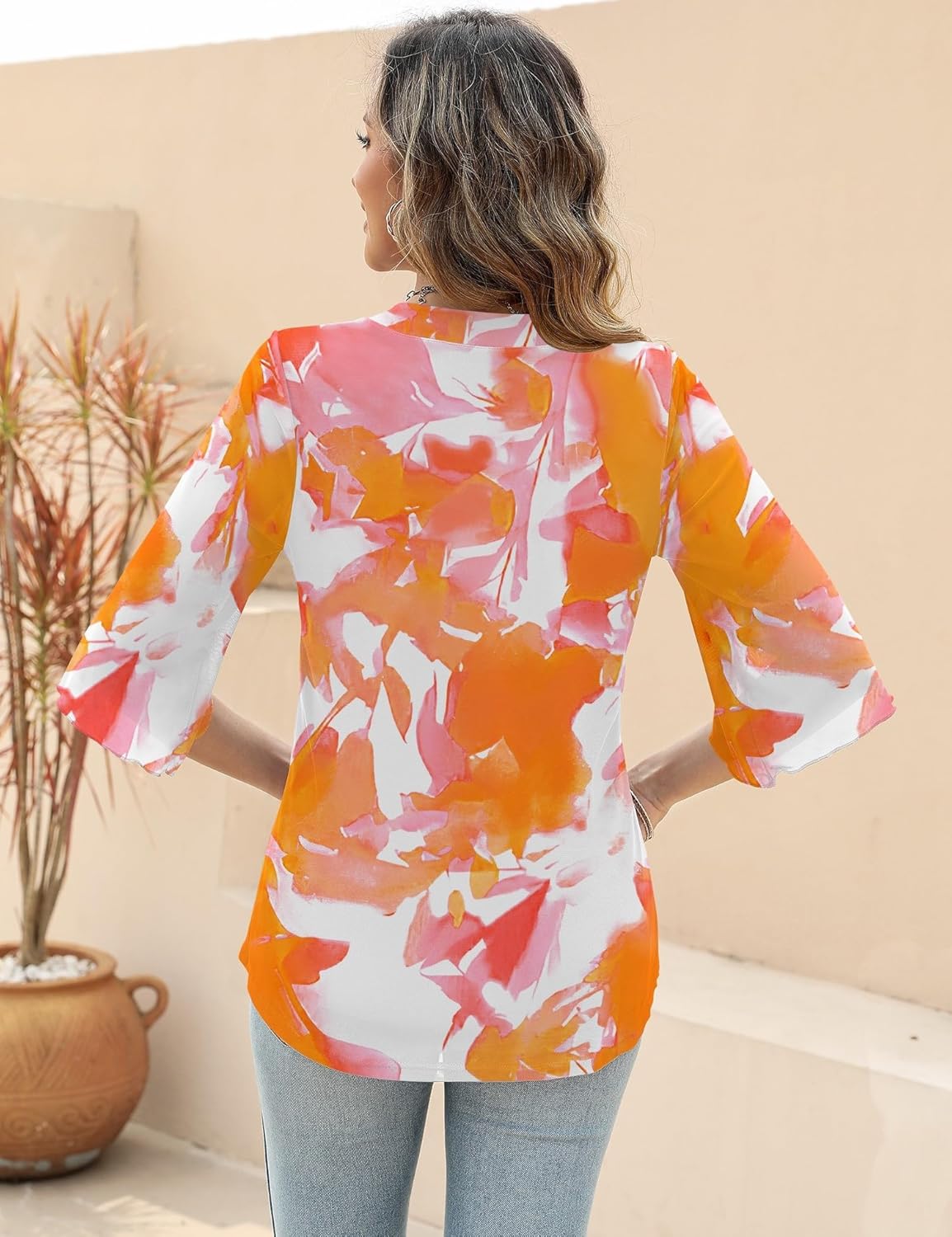 LUYAA Women's 3/4 Sleeve Blouses Tops V Neck Casual Dressy Double Layers Mesh Loose Fit Tunic Shirts - Image 4