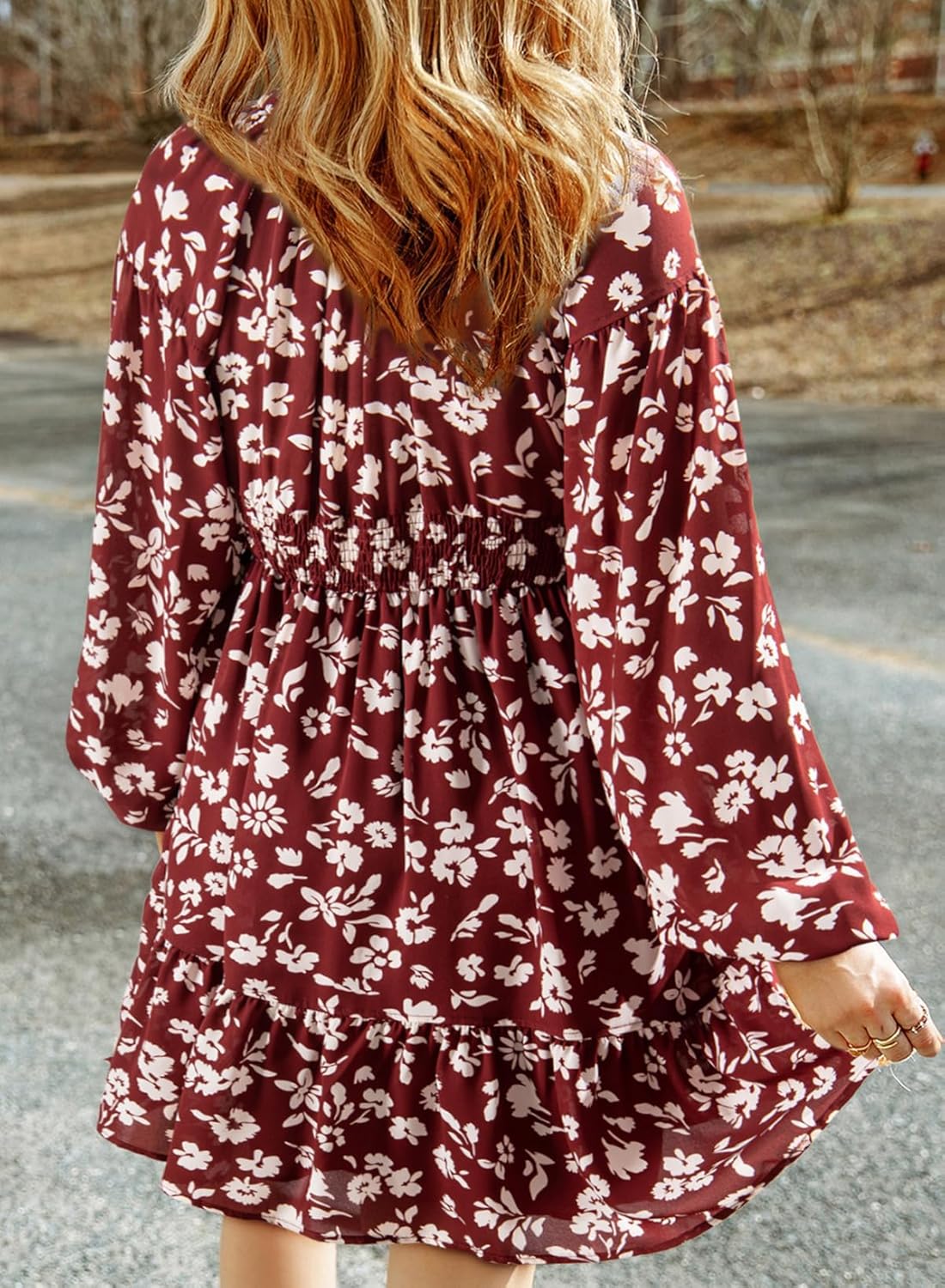 Dokotoo Womens Dresses 2025 Boho Floral V Neck Long Sleeve Smocked Elastic Waist Casual A-Line Swing Mini Dress Sundress - Image 2