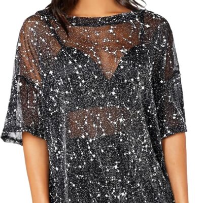 MakeMeChic Women's Summer Short Sleeve Tops See Through Mesh Sheer Sexy T Shirt Blouse