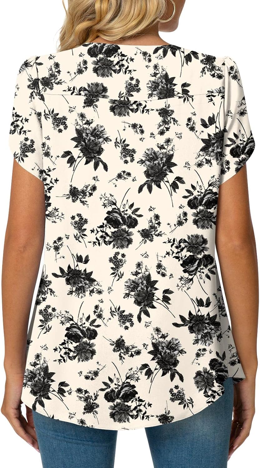 Bestbee Womens Plus Size Tops Dressy Casual Summer Chiffon Blouses Crew Neck Short Sleeve Shirts Business Pleated Tunics - Image 3