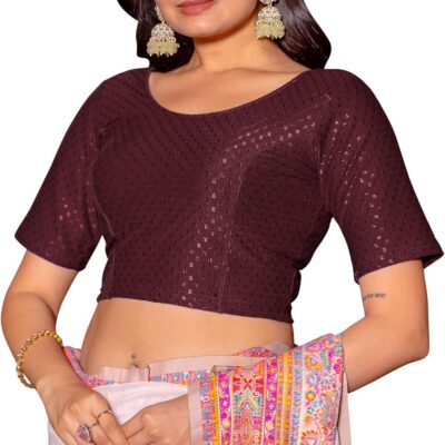 Women's Round Neck Cotton Dobby Lycra Elbow Sleeve Readymade Saree Blouse