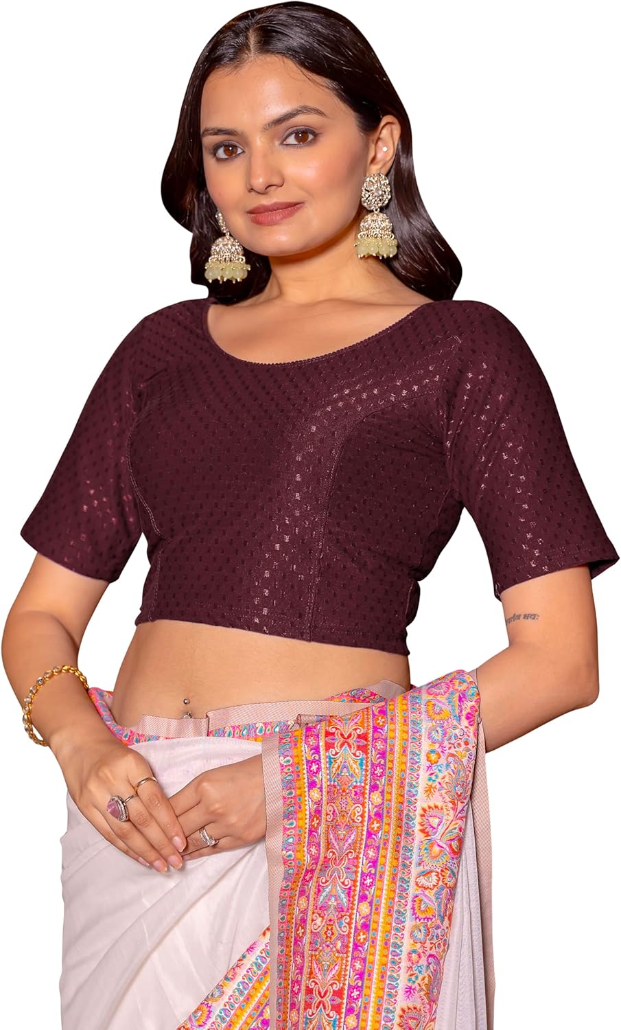 Women's Round Neck Cotton Dobby Lycra Elbow Sleeve Readymade Saree Blouse