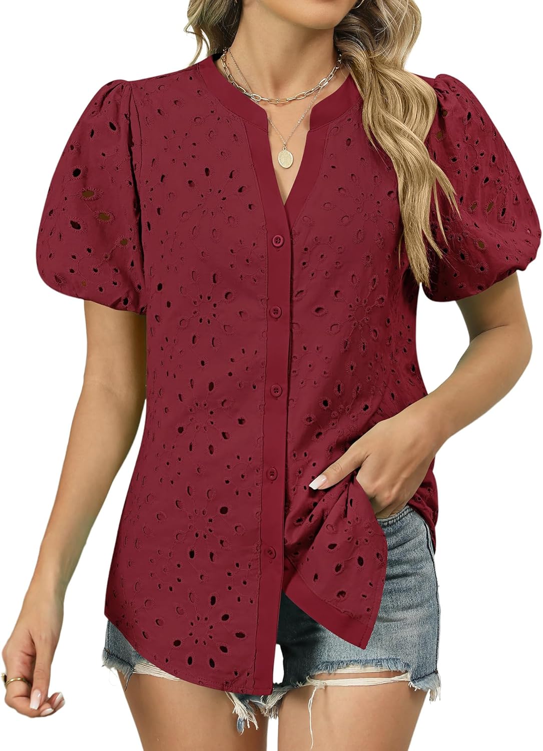 Rapbin Blouses for Women Dressy Casual V Neck Short Sleeve Eyelet Summer Tops Button Down Lace Embroidered Shirts