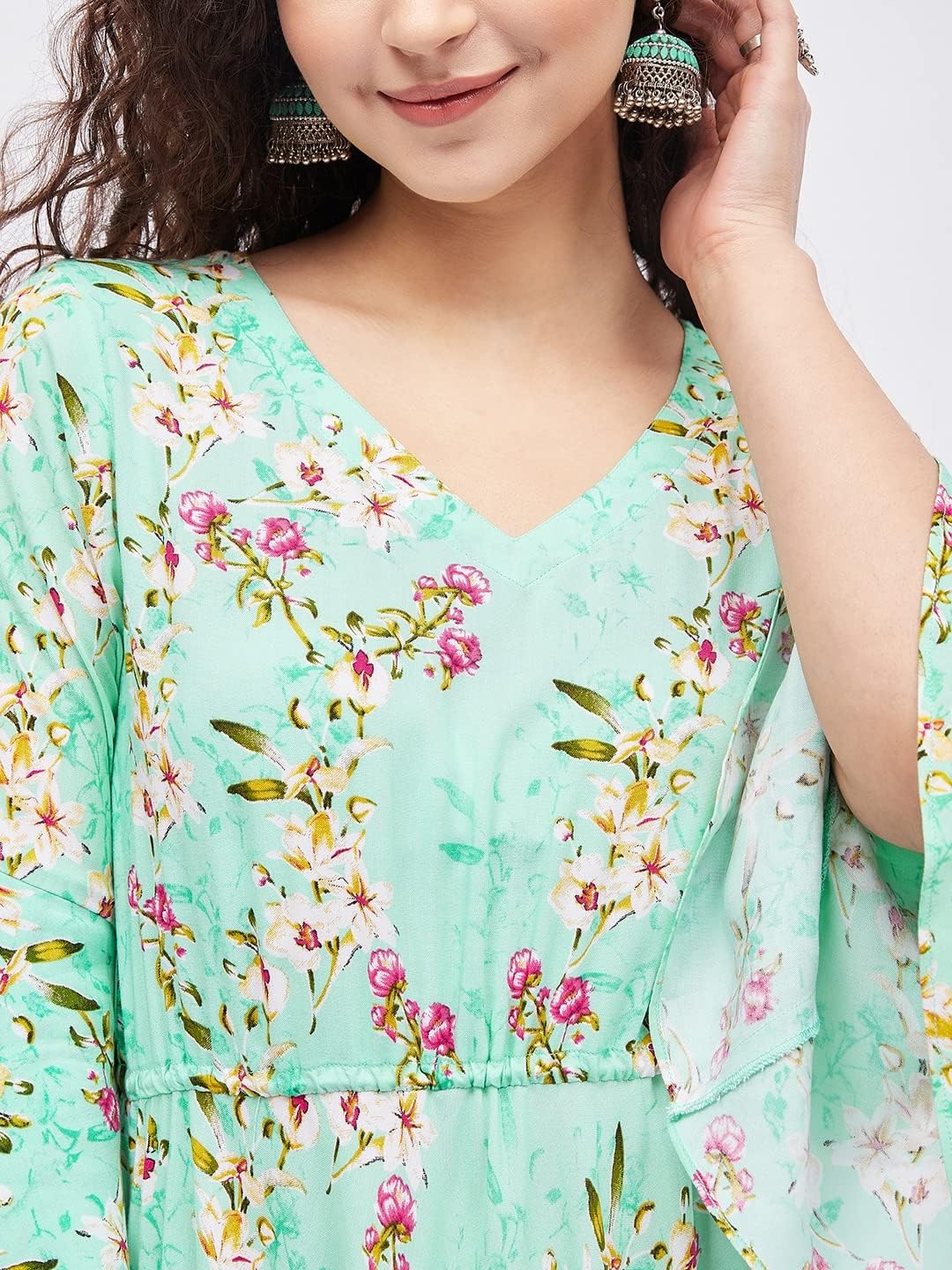 Tissu Women's Rayon Light Green & Rani Floral Printed Tie-up Kurta - Image 8