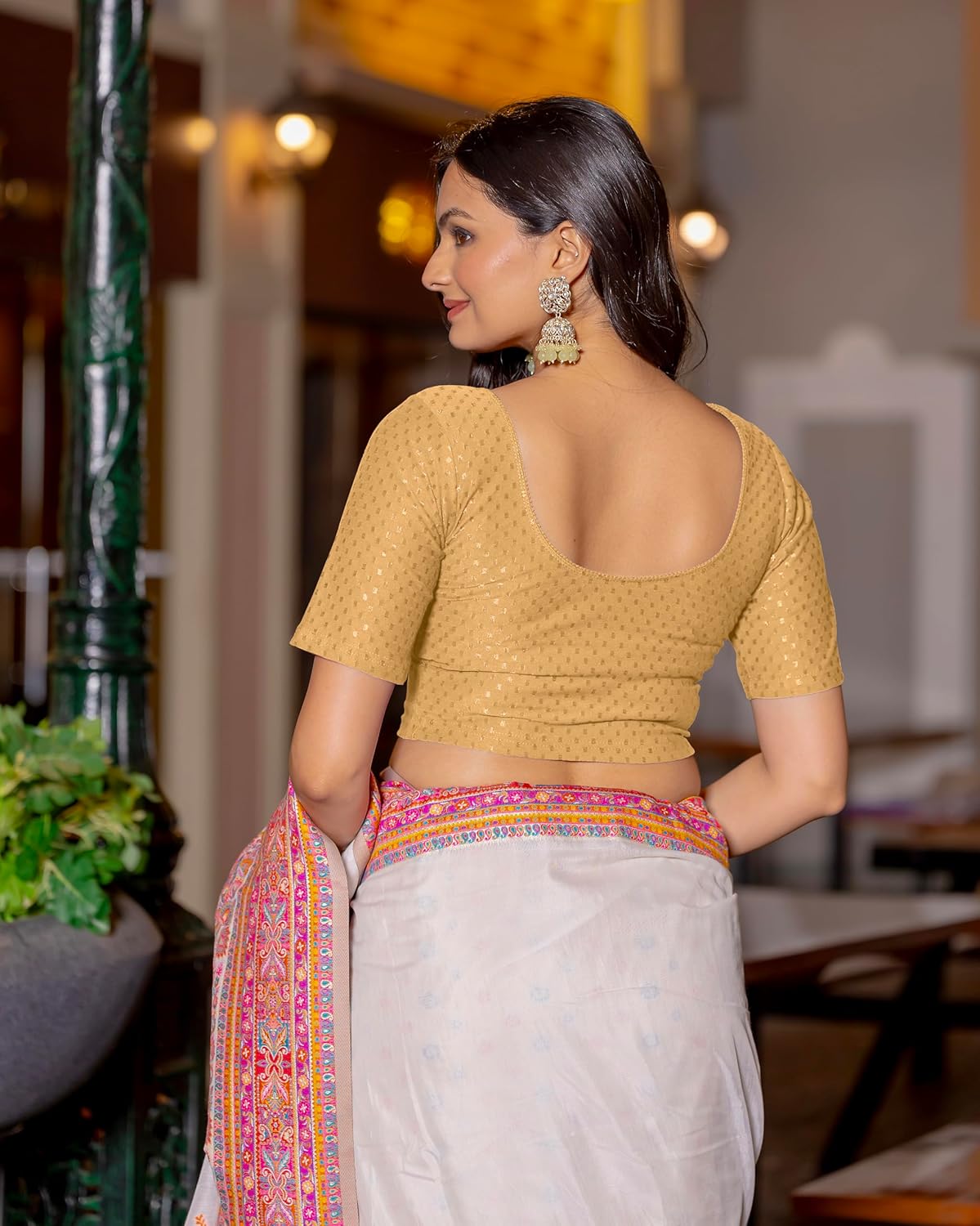 Women's Round Neck Cotton Dobby Lycra Elbow Sleeve Readymade Saree Blouse - Image 3