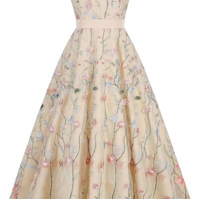Long Floral Embroidery Dress for Women Flower Embroidered Maxi Dress Spaghetti Straps Formal Evening Party Tulle Prom Dress