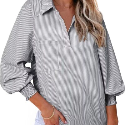 Astylish Women 2025 Fine Striped Smocked Cuffed Henley Shirts Long Sleeve Collared Blouse Tops with Pocket