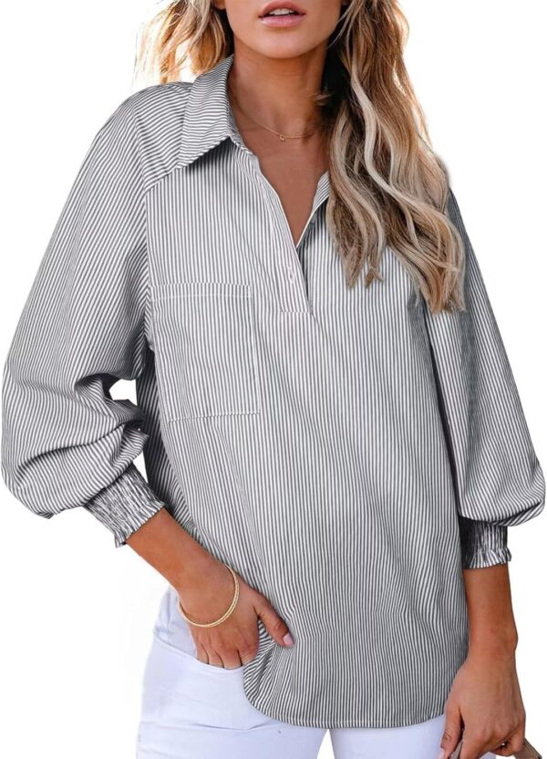 Astylish Women 2025 Fine Striped Smocked Cuffed Henley Shirts Long Sleeve Collared Blouse Tops with Pocket