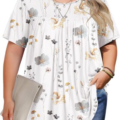 IN'VOLAND Womens Plus Size Tops Short Sleeve Tunic Crew Neck Shirts Summer Casual Loose Blouse 1X-5X