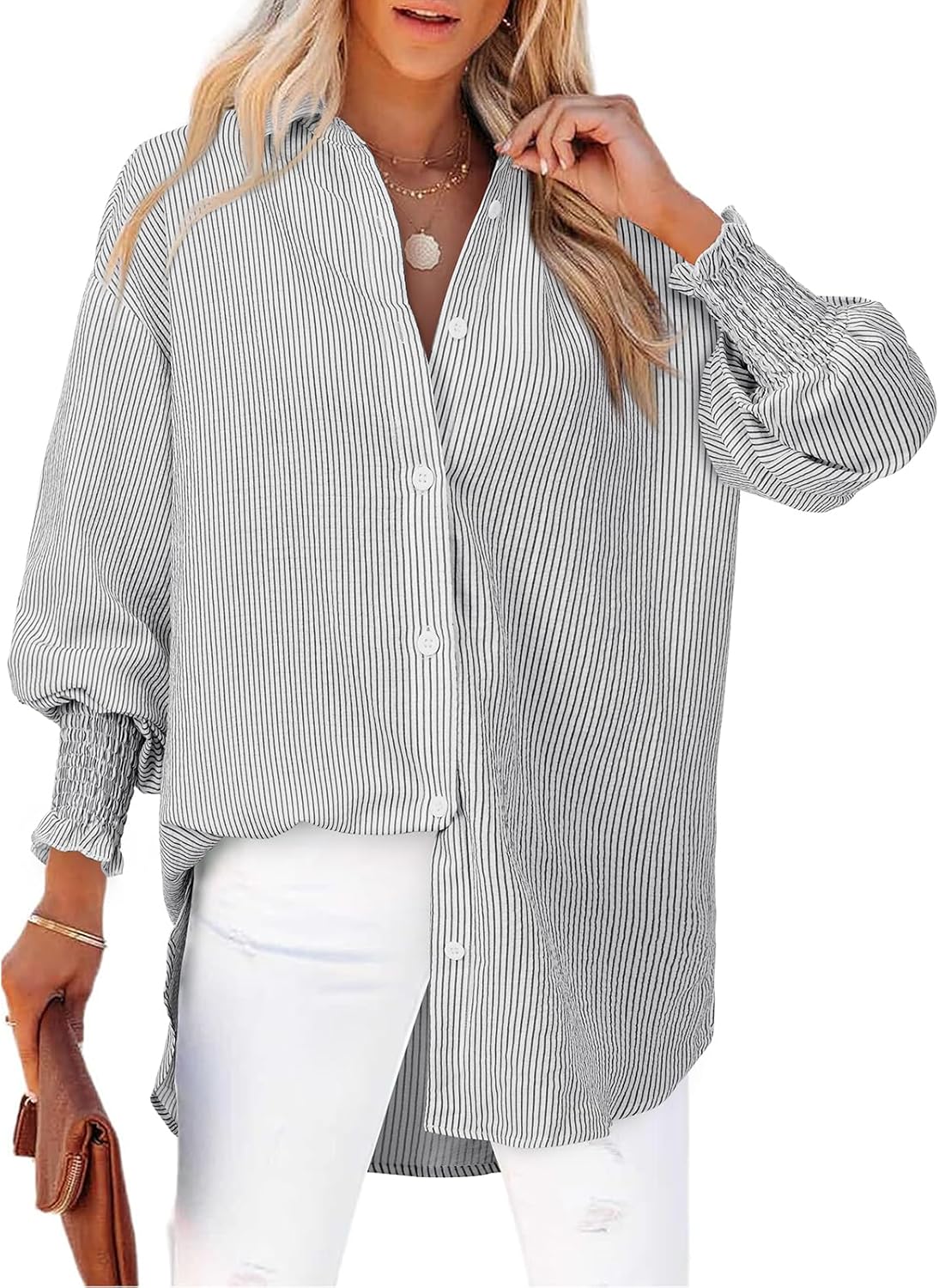 Women's Striped Button Down Shirts Puff Sleeve Oversized Blouses Boyfriends Loose Tunics Business Work Tops