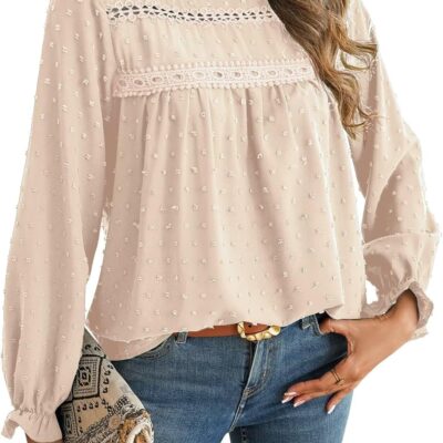 Womens Tops Long Ruffle Sleeve Shirts For Women Cute Crewneck Blouse Dressy Casual Swiss Dot Crochet Hollow Top 2025