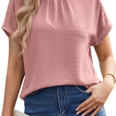 Work Blouses for Women Dressy Casual Swiss Dots Short Sleeve Tops Chiffon Business Casual Summer Tops