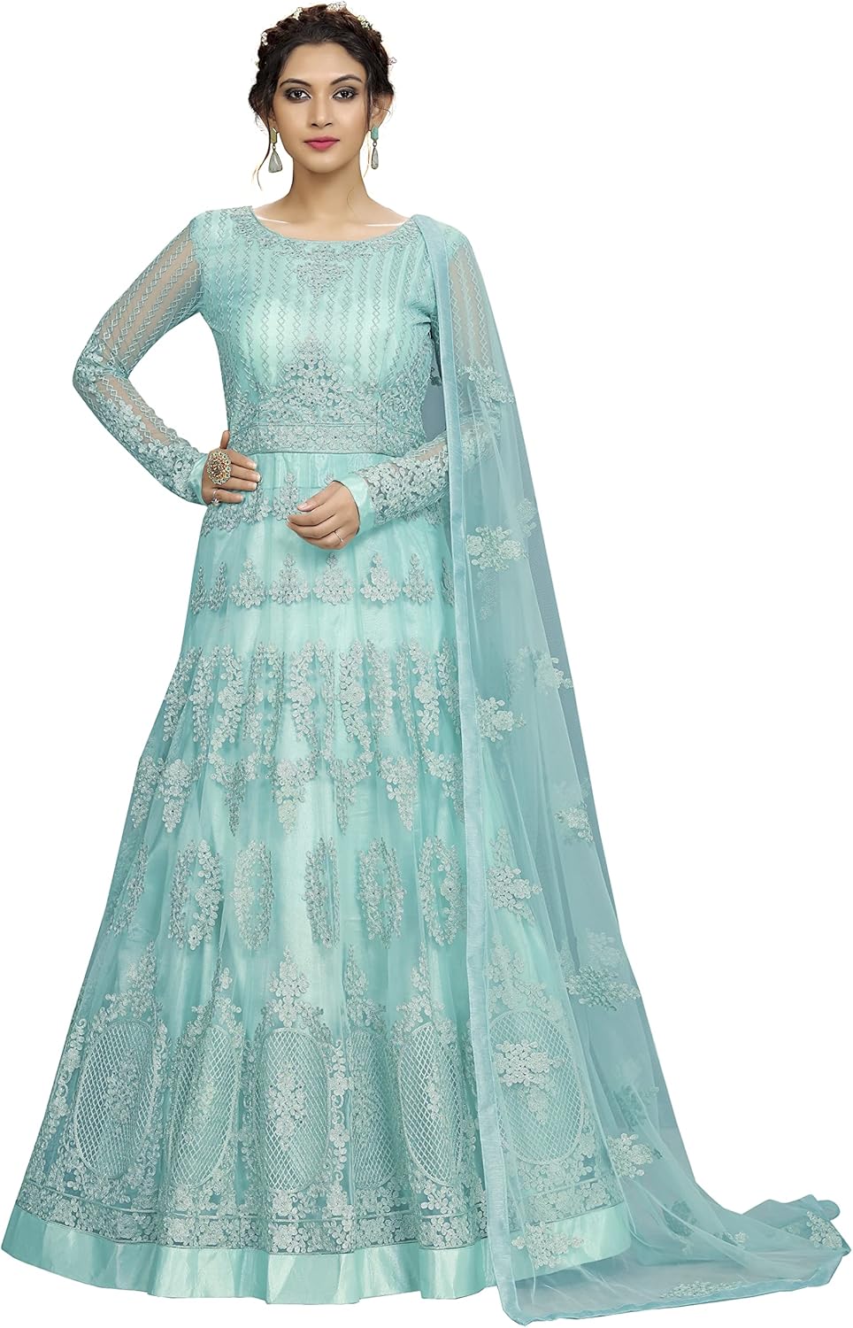 TRENDMALLS Women's Net Embroidery Anarkali Suit Set Indian Pakistani Wedding Special Dress