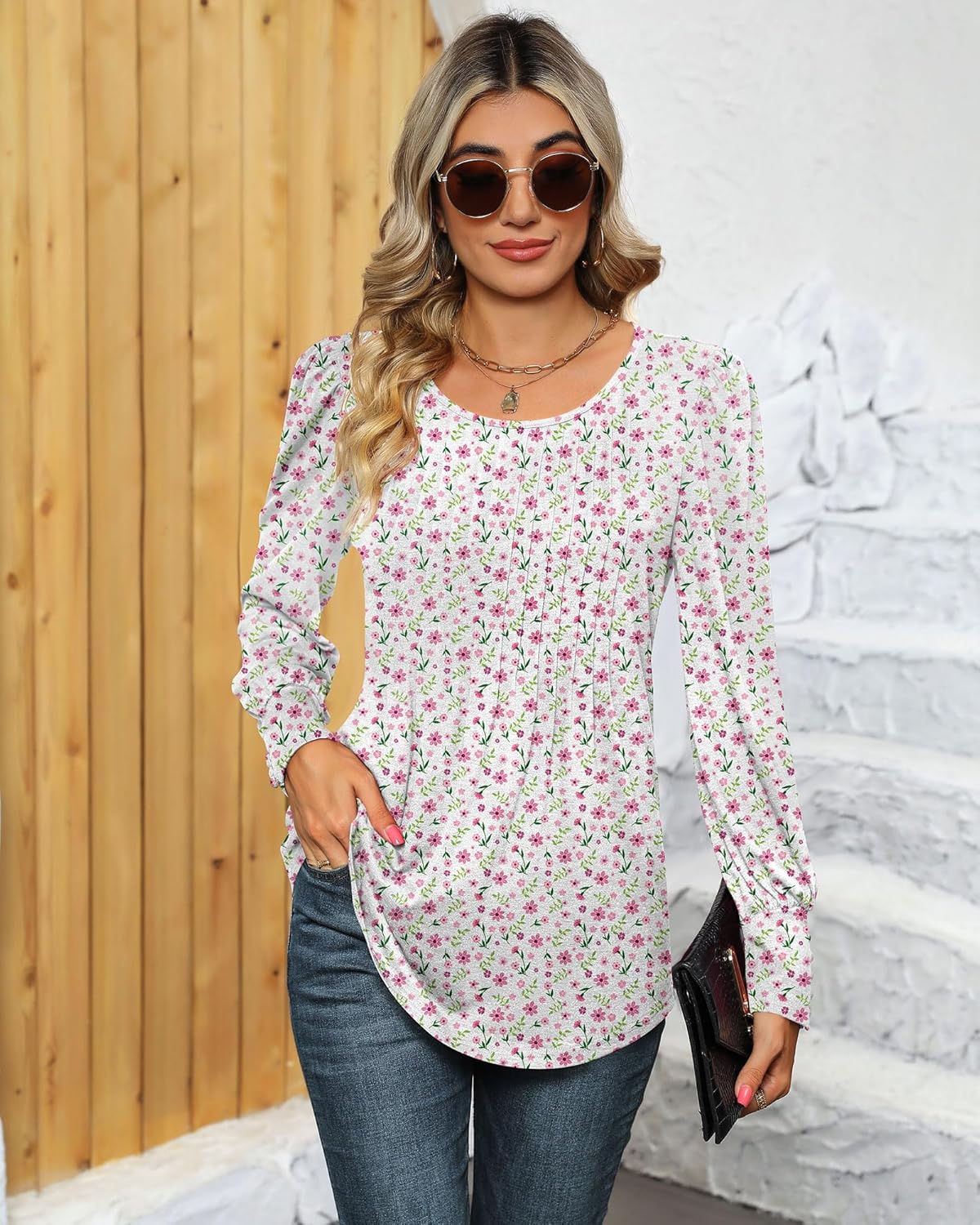 Ficerd Women's Puff Long Sleeve Tunic Tops Pleated Crew Neck Blouses Dressy Casual Loose Fit Winter and Spring Shirts - Image 5