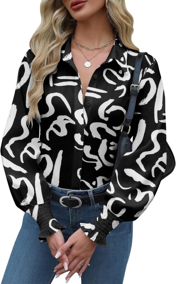 Zeagoo Womens Button Down Shirts Smocked Cuffed Blouse Printed Lantern Shirt Long Sleeve Top Collar Business Fashion