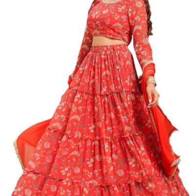 Janasya Indian Women's Flowy Printed Flared Festive Wedding Lehenga Choli with Ready to wear Stitched Blouse