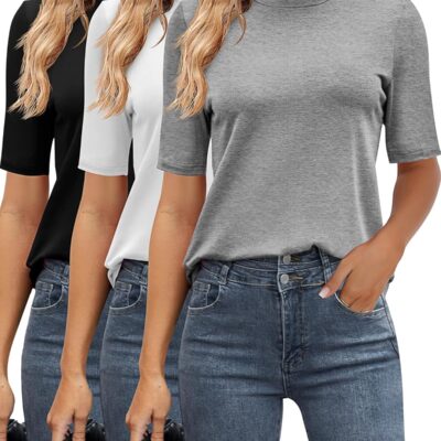 Ficerd 3 Pack Women's Mock Turtleneck Shirts, Half Short Sleeve Tops Dressy Casual High Mock Neck T Shirt Summer Basic Blouse