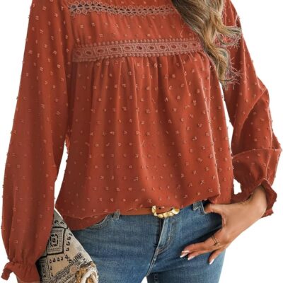 Womens Boho Tops Long Sleeve Shirts For Women Cute Crewneck Blouse Dressy Casual Swiss Dot Crochet Hollow Top 2025