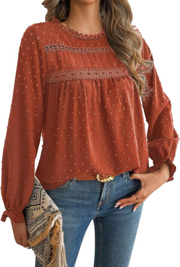 Womens Boho Tops Long Sleeve Shirts For Women Cute Crewneck Blouse Dressy Casual Swiss Dot Crochet Hollow Top 2025