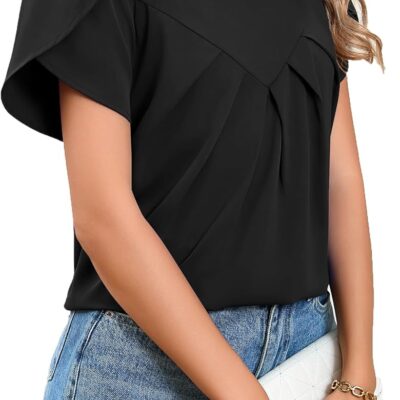 TASAMO Women's Summer Blouse Tops 2025 Casual Round Neck Short Sleeve Basic Pleated Loose Fit Trendy Shirts