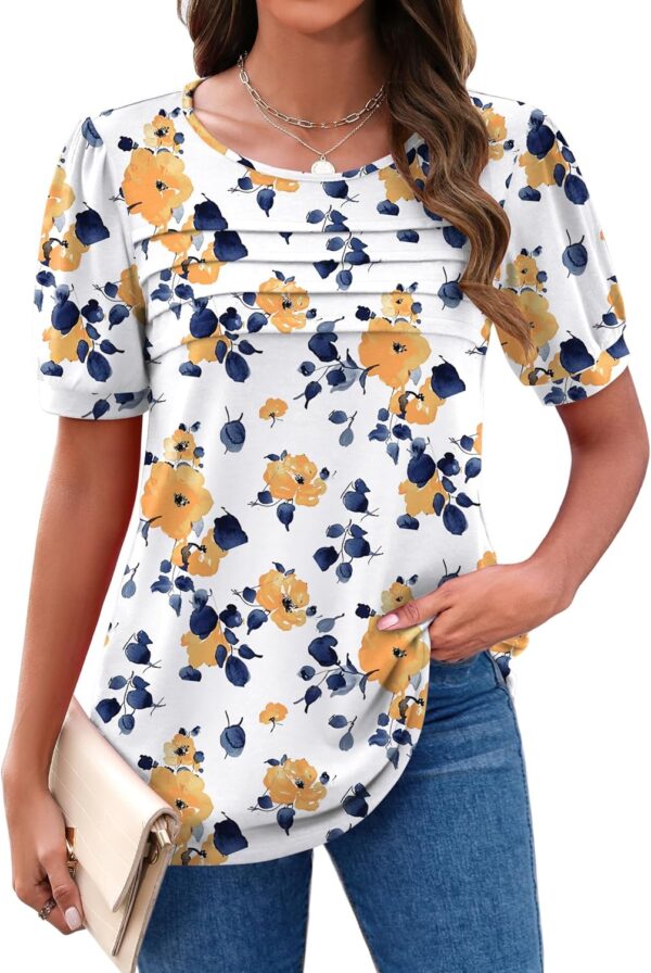 Zeagoo Womens Short Sleeve Tops Floral Boho Shirts Pleated Crewneck Summer Outfit Puff Sleeve Blouses Casual Tunic