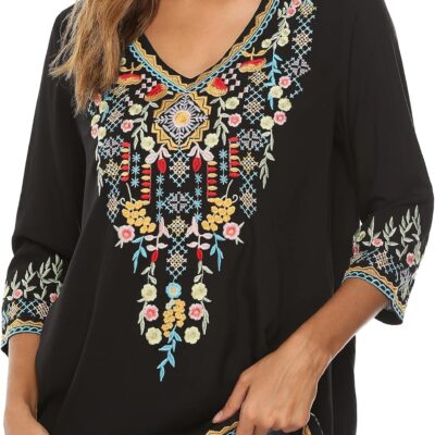 Grosy Womens Casual Summer Tops, Hippie Clothes, Traditional Floral Embroidered Boho Shirt, Mexican Peasant Blouses for Women