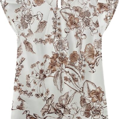 TASAMO Women's Casual Round Neck Basic Pleated Top Cap Sleeve Curved Keyhole Back Chiffon Blouse