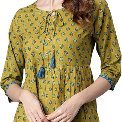Janasya Women's Green Pure Cotton Top Tunic Blouse Ethnic Motifs Casual wear Top for Women