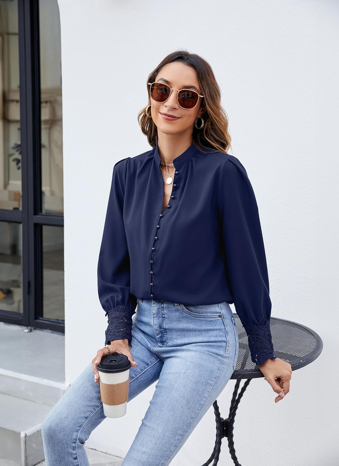 Neweek Womens Button Down Shirts Lace Cuff Long Sleeve Chiffon Dressy Tops Band Collar Fall Business Casual Blouses 2025 - Image 3