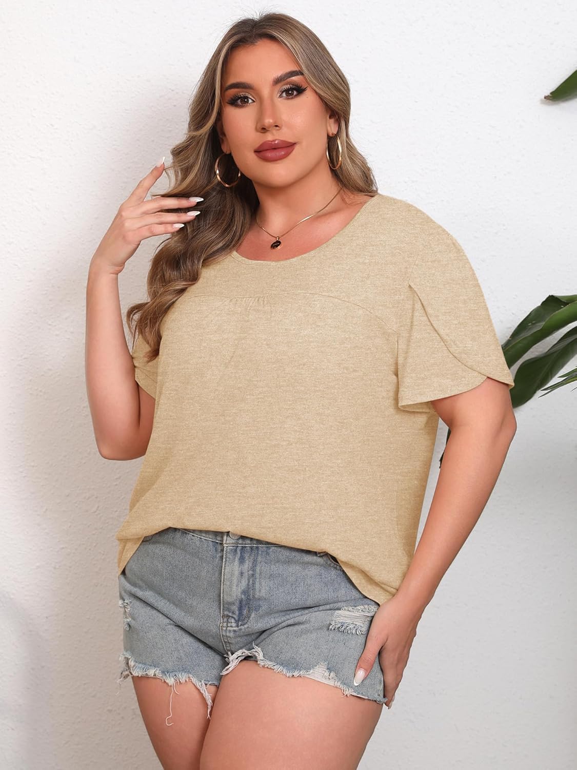 HDLTE Plus Size Womens Tops Petal Short Sleeve Summer Casual Crew Neck Pleated Shirts Tunics Blouse - Image 4