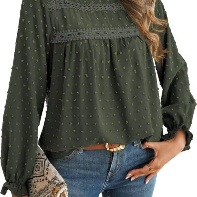 Womens Tops Long Ruffle Sleeve Shirts For Women Cute Crewneck Blouse Dressy Casual Swiss Dot Crochet Hollow Top 2025