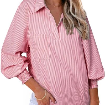 Astylish Women 2025 Fine Striped Smocked Cuffed Henley Shirts Long Sleeve Collared Blouse Tops with Pocket