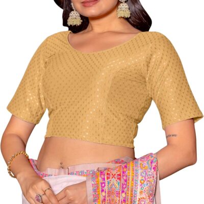 Women's Round Neck Cotton Dobby Lycra Elbow Sleeve Readymade Saree Blouse