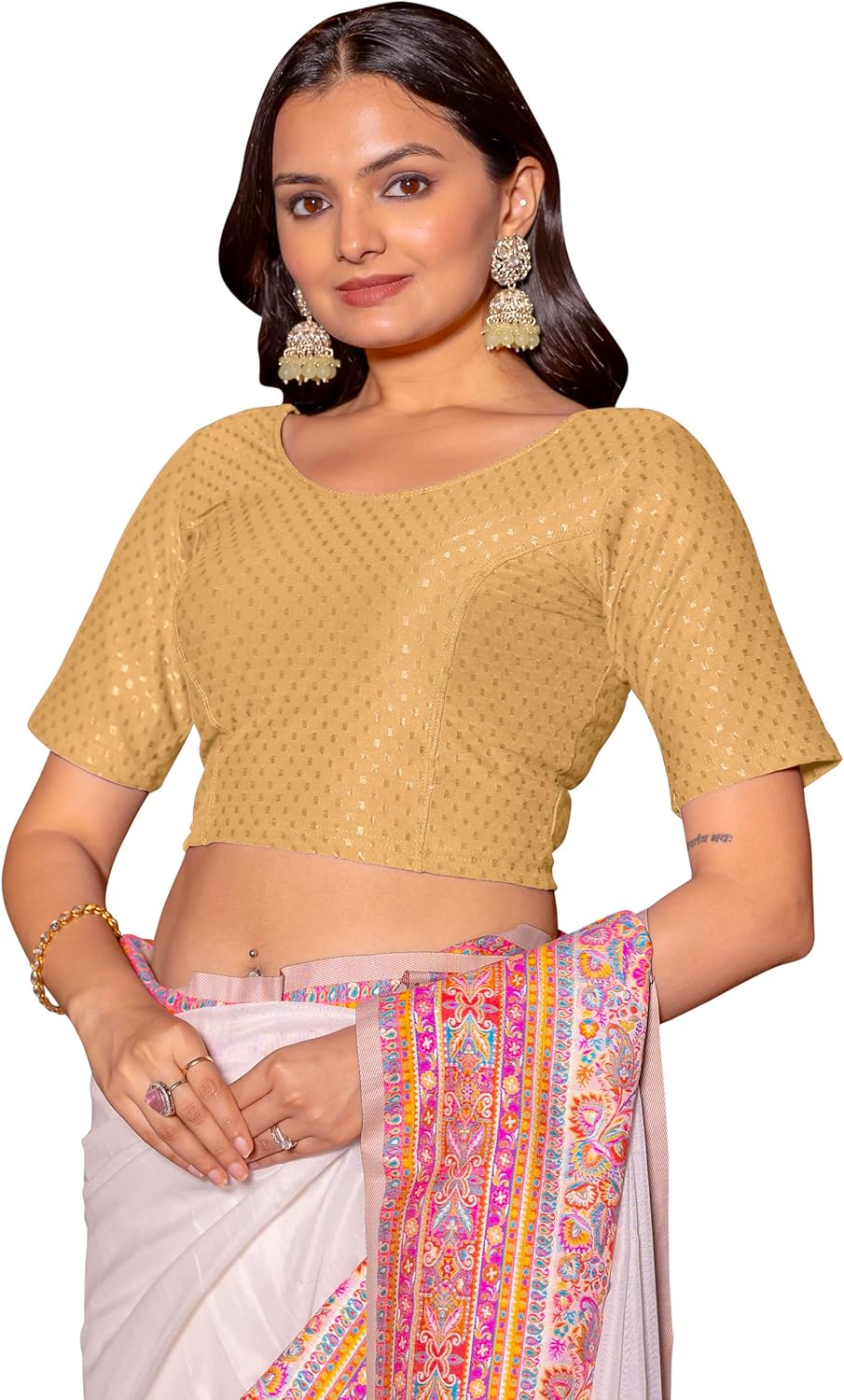 Women's Round Neck Cotton Dobby Lycra Elbow Sleeve Readymade Saree Blouse