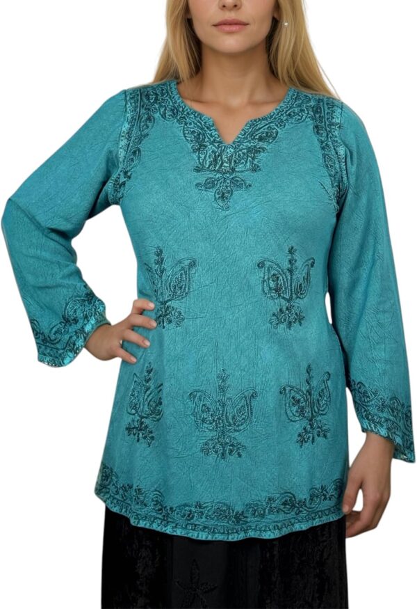 Agan Traders Long Sleeve Diamond Neck Fall Embroidered Tops for Women - Medieval Boho Vintage Tunic Kurta Blouses for Women - Image 2