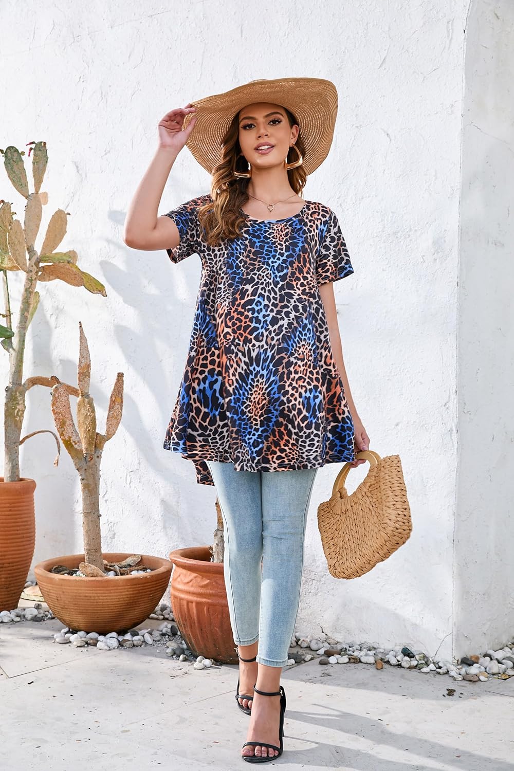 Tunic Tops for Women Plus Size Short Sleeve Crew Neck Swing Flare Loose T-Shirt Blouses to Wear with Leggings - Image 5